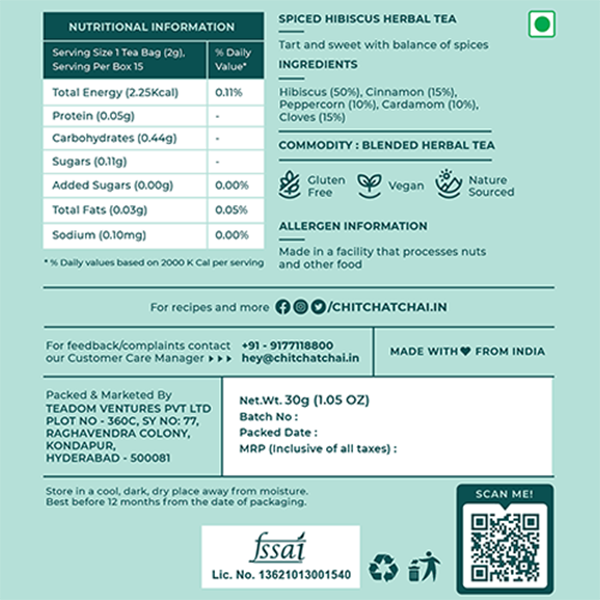 Nutritional information of  Spiced Hibiscus Herbal Tea - Chit chat chai