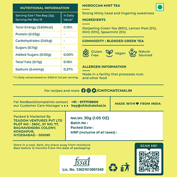 Nutritional Information of Moroccan Mint Tea - Chit chat chai