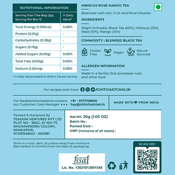 Nutritional information of Hibiscus Rose Mango Tea - Chit chat chai