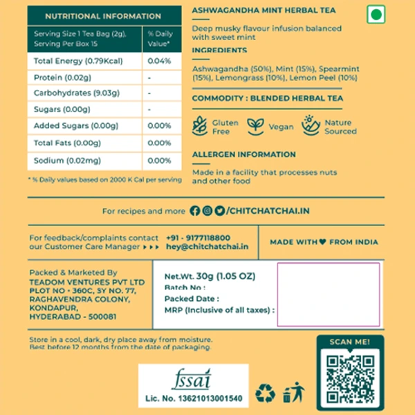 Ashwagandha Mint Herbal Tea - Focus - nutritional information