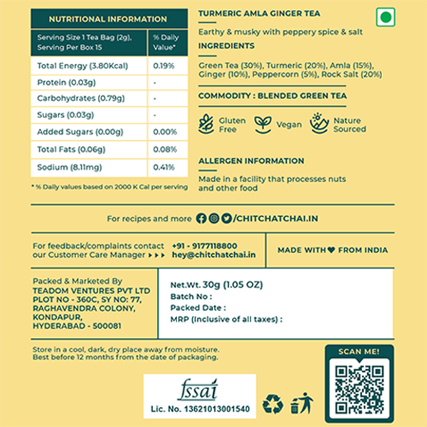 Nutritional information - Turmeric Amla Ginger Tea - Chit Chat Chai